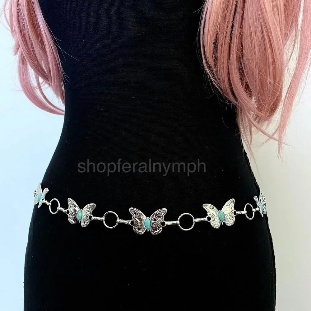 Silver Y2K Western Butterfly Turquoise Chain Belt, Fits 24-42 Inches, X7GA1343